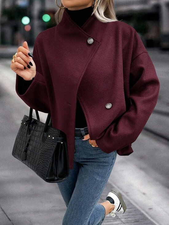 Jackets & Blazers - Burgundy Casual Women's Stand Collar Overcoat
